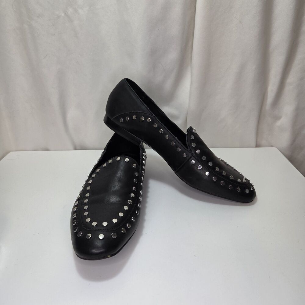 Bleecker & Bond Arianna Black Leather Studded Loafers Women's Size 9.5